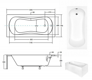 Ванна акрилова ARIA 130х70 (соло) без ручок і без отворів під ручки