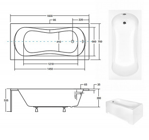 Ванна акрилова ARIA 160х70 (соло) без ручок і ніг / без отворів під ручки
