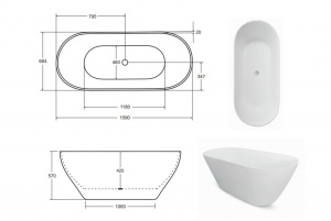 Ванна MOYA ретро 160х70 чорна матова зовні біла всередині, з сифоном клік-клак