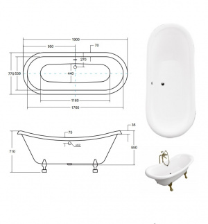 Ванна AMELIA ретро 190х77 чорна зовні біла всередині з ногами хром