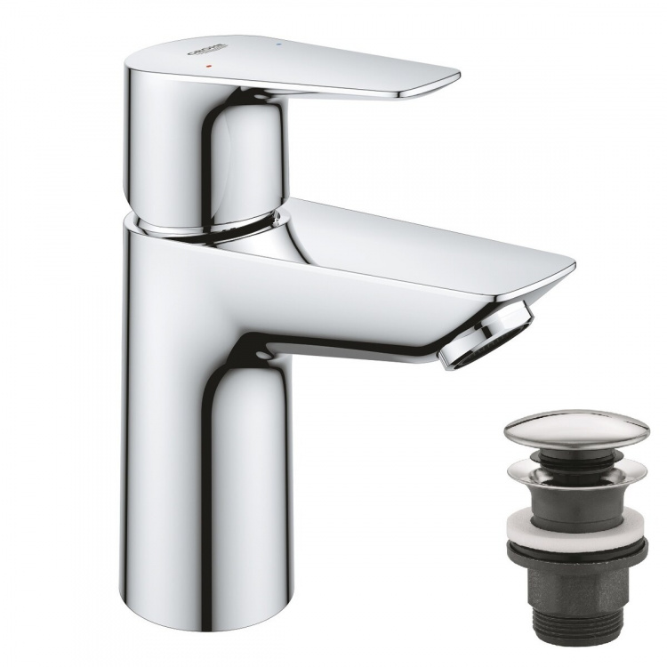 Смеситель для раковины Grohe BauEdge New 23895001 хром однорычажный S-Size + нажимной донный клапан