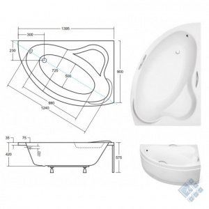 Ванна акрилова ADA 140х90 права: без обудови і ніг / з отворами під ручки