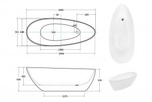 Ванна акрилова GOYA ретро 170х72 зовні чорна матова біла всередині з сифоном клік-клак