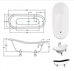 Ванна акрилова OTYLIA ретро 160х77 з ногами хромованими