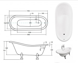 Ванна OTYLIA ретро 170х77 чорна зовні біла всерединв з ногами хром