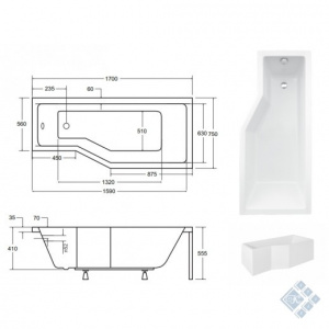 Ванна акрилова INTEGRA 170х75 Права (соло) без ніг