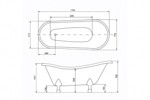 Ванна акрилова OTYLIA ретро 170х77 чорна зовні чорна всередині з ногами хром