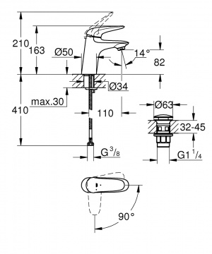 Змішувач для раковини Grohe Wave 23748001 хром одноважільний S-Size + донний натискний клапан